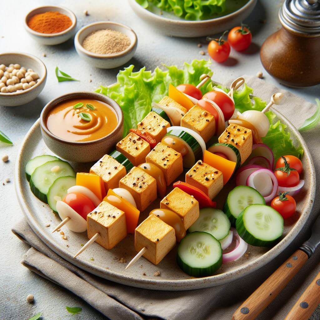 Espetinhos de Tofu com Molho de Amendoim